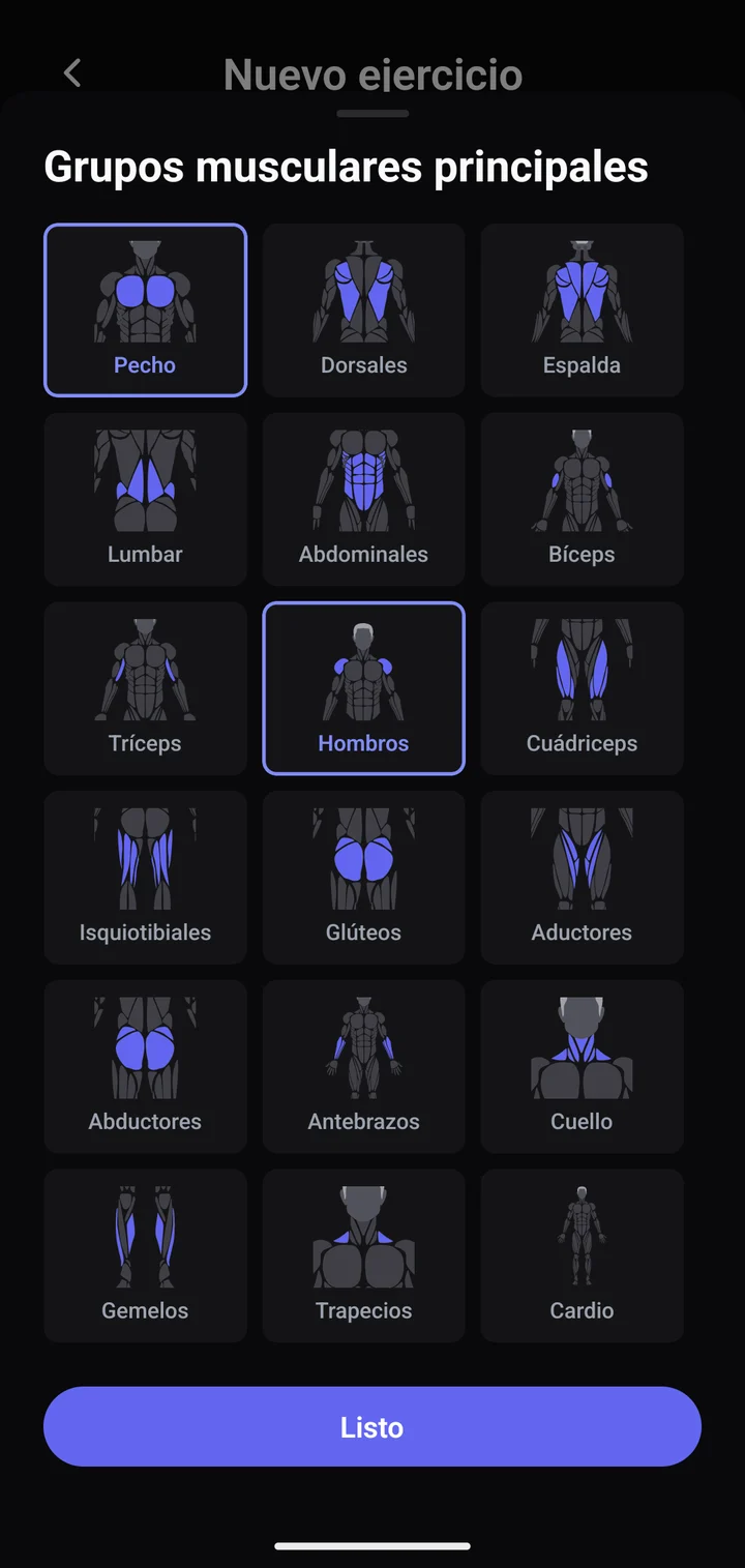 Selector de grupos musculares al crear un ejercicio propio, con Pecho y Hombros marcados.