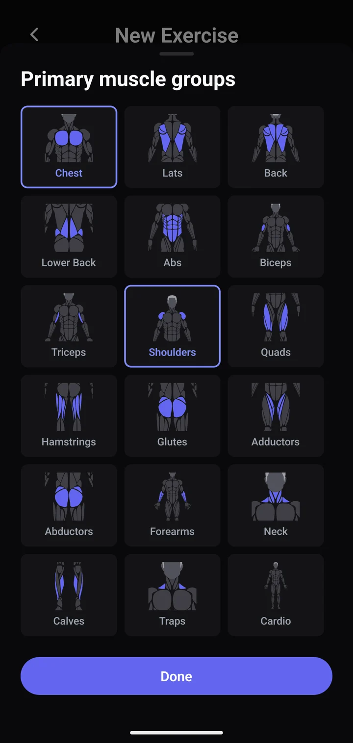 Muscle group picker when creating a custom exercise, with Chest and Shoulders selected.