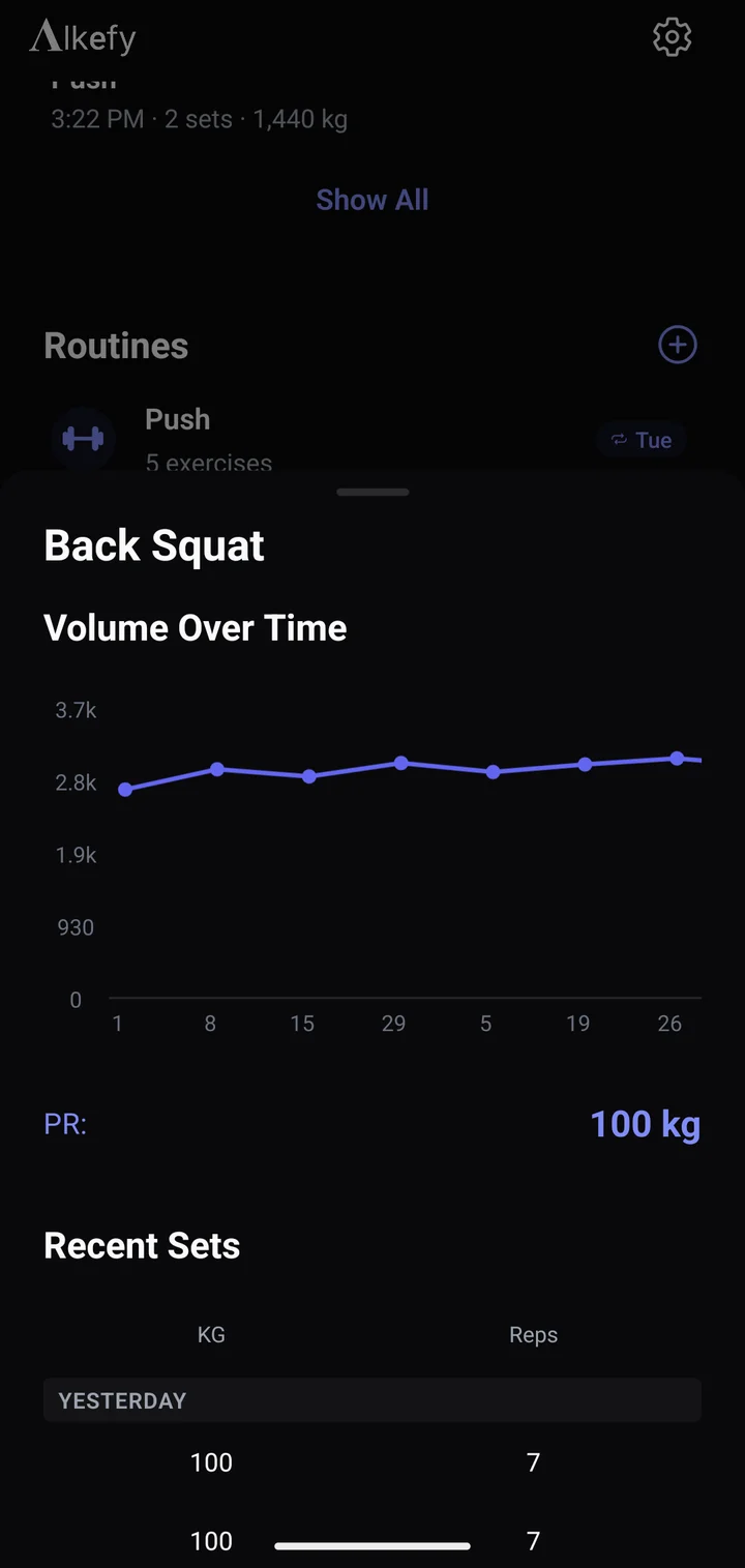 Back squat detail: volume over time, a 100 kg record and recent sets.