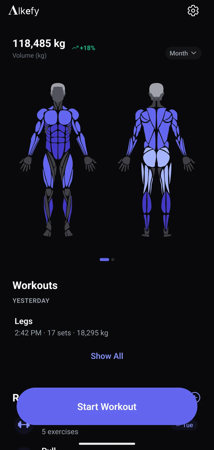 Alkefy home screen with the muscle map for the last month: the body seen from the front and back, each muscle colored by the volume it has received.