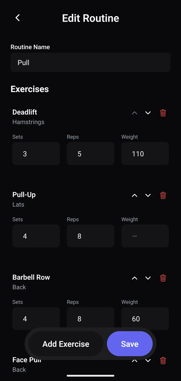 Pull routine editor with sets, reps and target weight for each exercise.