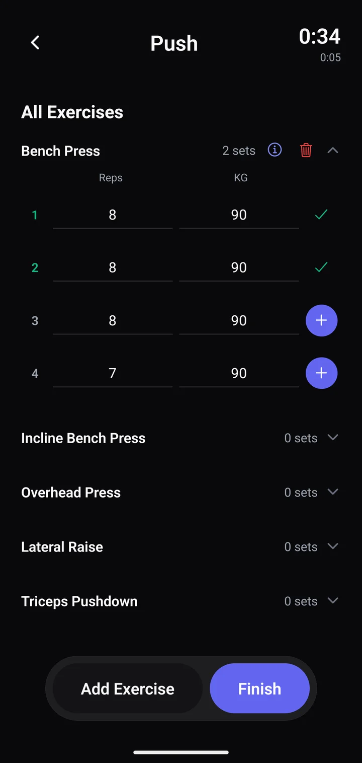 A Push workout in progress: bench press with two sets confirmed and the other two already filled in with last time’s weight.