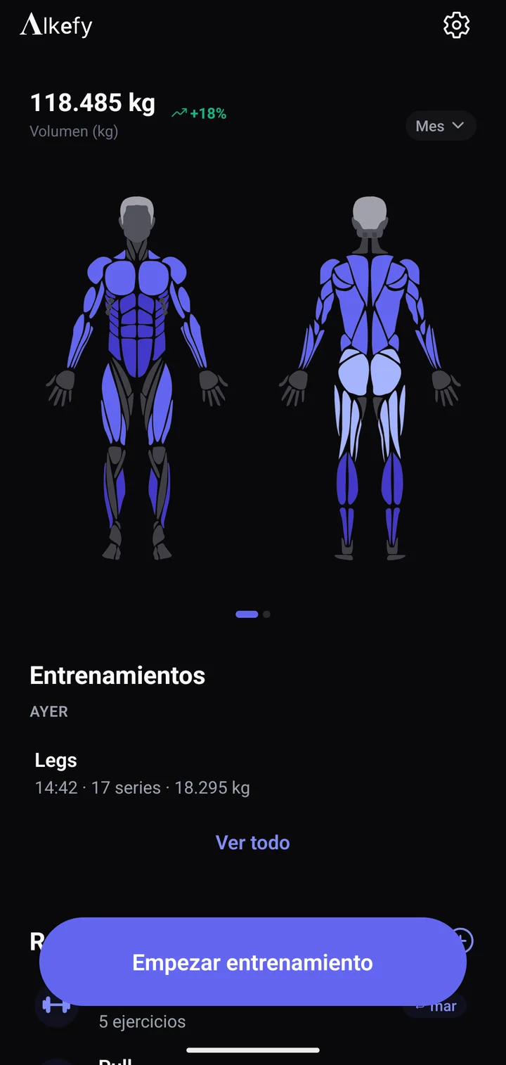 Inicio de Alkefy con el mapa muscular del último mes: el cuerpo de frente y de espaldas con cada músculo coloreado según el volumen que ha recibido.